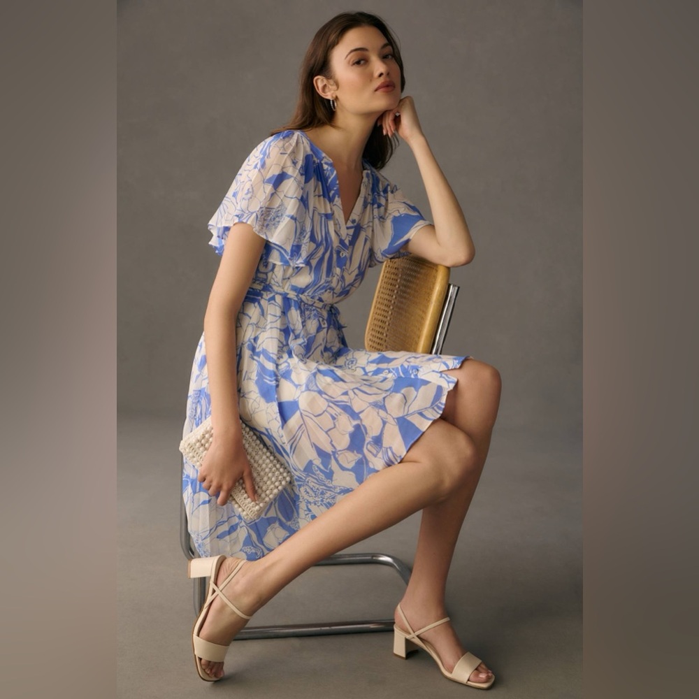 By Anthropologie V-Neck Ruffle-Sleeve Pleated Dress